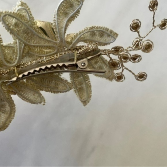 Wedding Hair Clip with Crystals, Metallic Flowers & Leaves - Picture 9 of 12